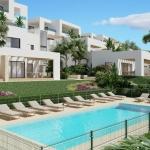 A panoramic view of Font del Llop Golf Course with modern duplex residences and a clear blue sky.