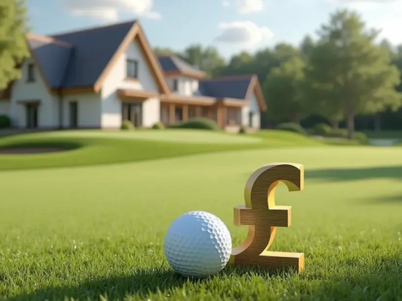 Golf ball on a manicured golf course with a luxurious house in the background, representing investment in golf course properties