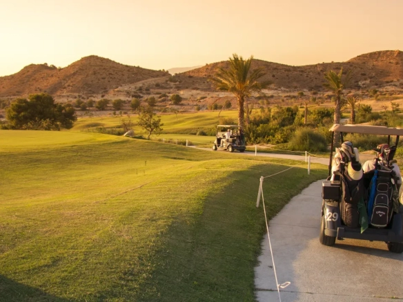 Golf course in sunny Spain with desert mountains and palm trees, featuring golf carts on path during golden hour - perfect example of Spanish golf tourism.