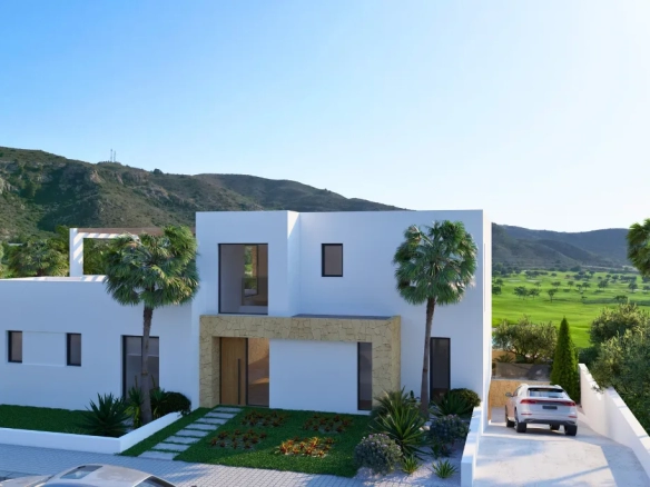 A modern white villa with palm trees and a garden, overlooking a golf course and mountains.