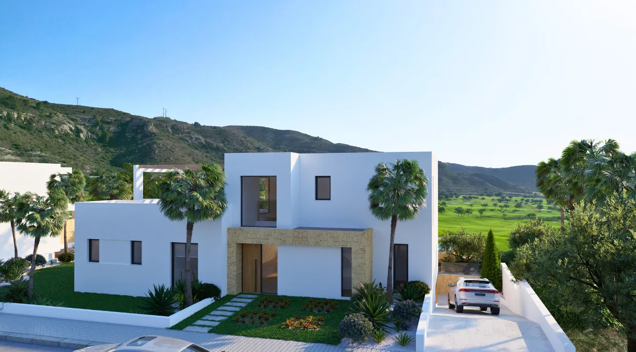 A modern white villa with palm trees and a garden, overlooking a golf course and mountains.