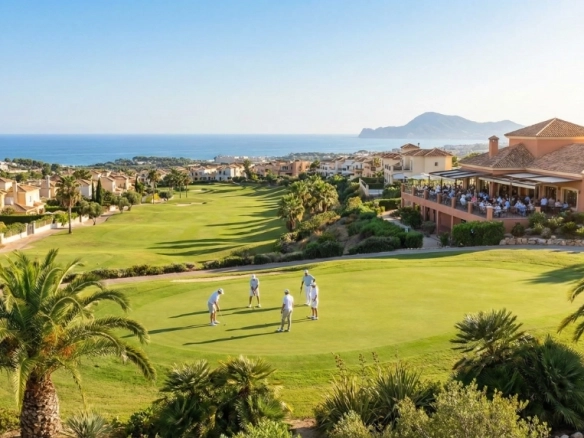 A sunny day view of golfers putting on a lush green at a Costa Blanca golf resort, featuring a busy clubhouse terrace, surrounding villas, and the Mediterranean Sea in the background, illustrating year-round playing conditions.
