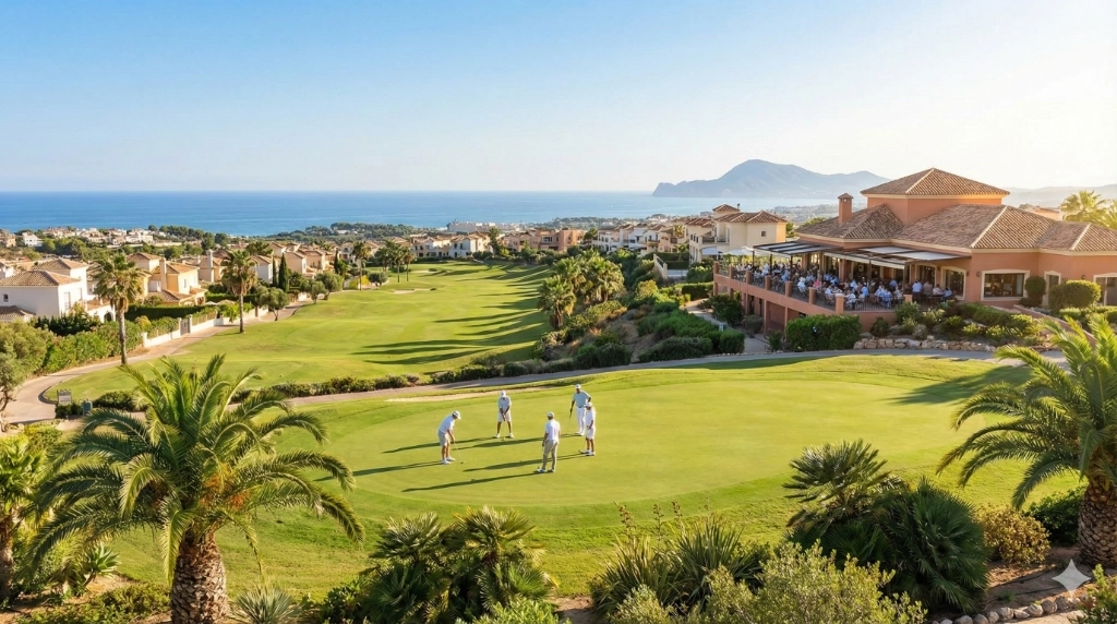 A sunny day view of golfers putting on a lush green at a Costa Blanca golf resort, featuring a busy clubhouse terrace, surrounding villas, and the Mediterranean Sea in the background, illustrating year-round playing conditions.